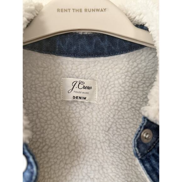 MINT J. Crew Denim Sherpa Swing Jean Denim Blue White Fur Trim Jacket Sz L EUC - Picture 6 of 12